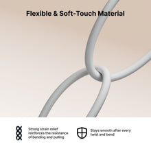 Flexible white silicone cable with smooth surface and reinforced strain relief near bend