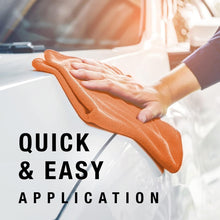 Orange microfiber cloth polishing a car surface, quick and easy application text
