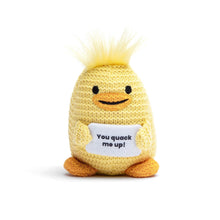 Yellow crochet plush duck with speech bubble saying 'You quack me up!'