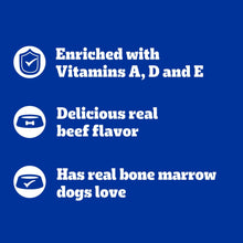 Dog treat benefits label with vitamins A, D, and E plus real beef flavor icons