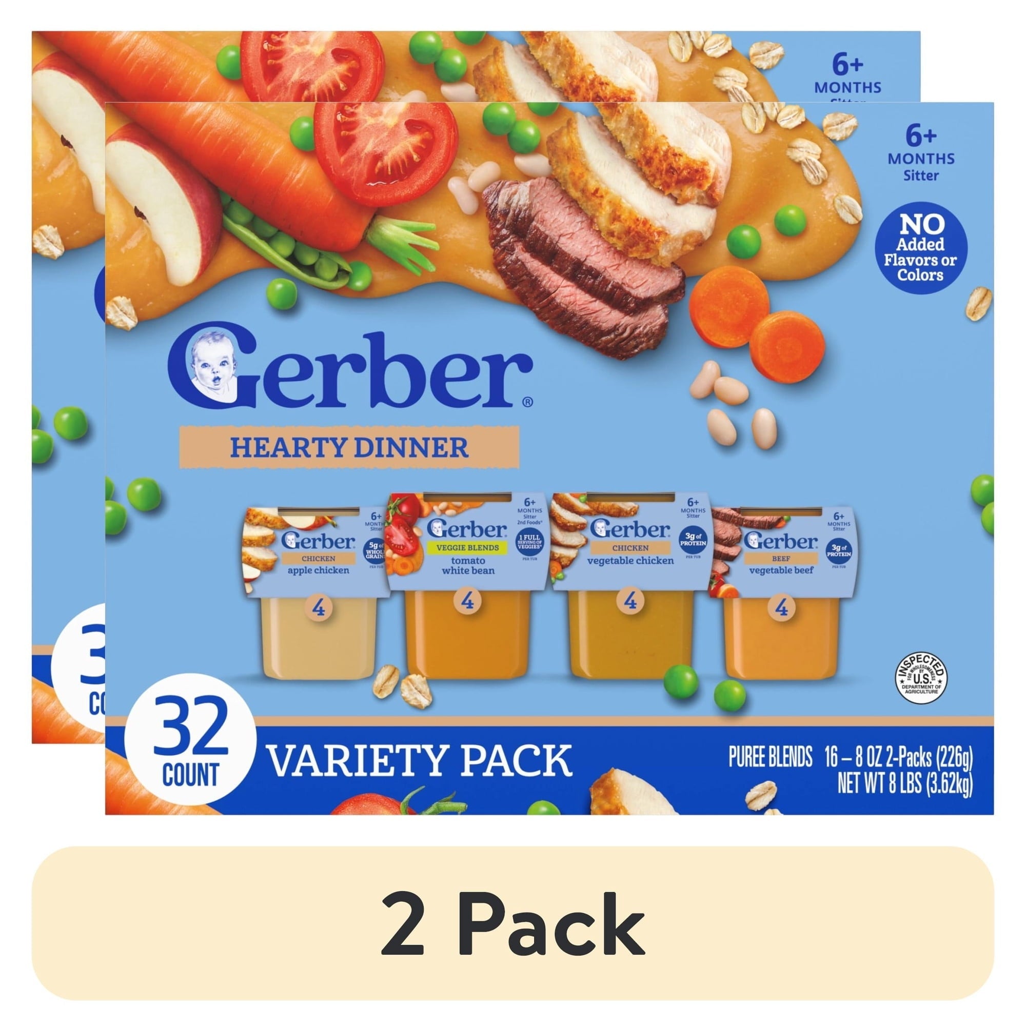 Gerber Stage 2 Baby Food, Meat & Vegetable Puree Meals, Variety Pack, 4 oz Tub (32 Pack)
