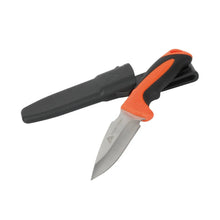 Folding camping knife with orange and black handle and stainless steel blade