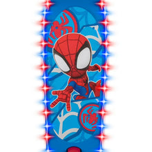Light-up scooter deck panel showing Spidey face graphic with red-blue LED border