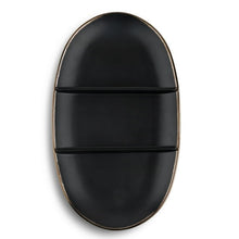Oval divided black stoneware platter with gold rim and two divider bars