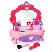 Light-up kid vanity with heart mirror, pink frame, purple accents, and play cosmetics