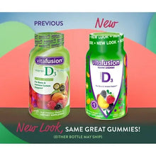 Vitafusion Vitamin D3 gummy bottle, green label with fruit graphics for Peach and Berry