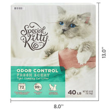 Cat litter box label showing 40 lb size and odor control fresh scent