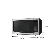 Frigidaire stainless steel countertop microwave oven front view with size indicator labels