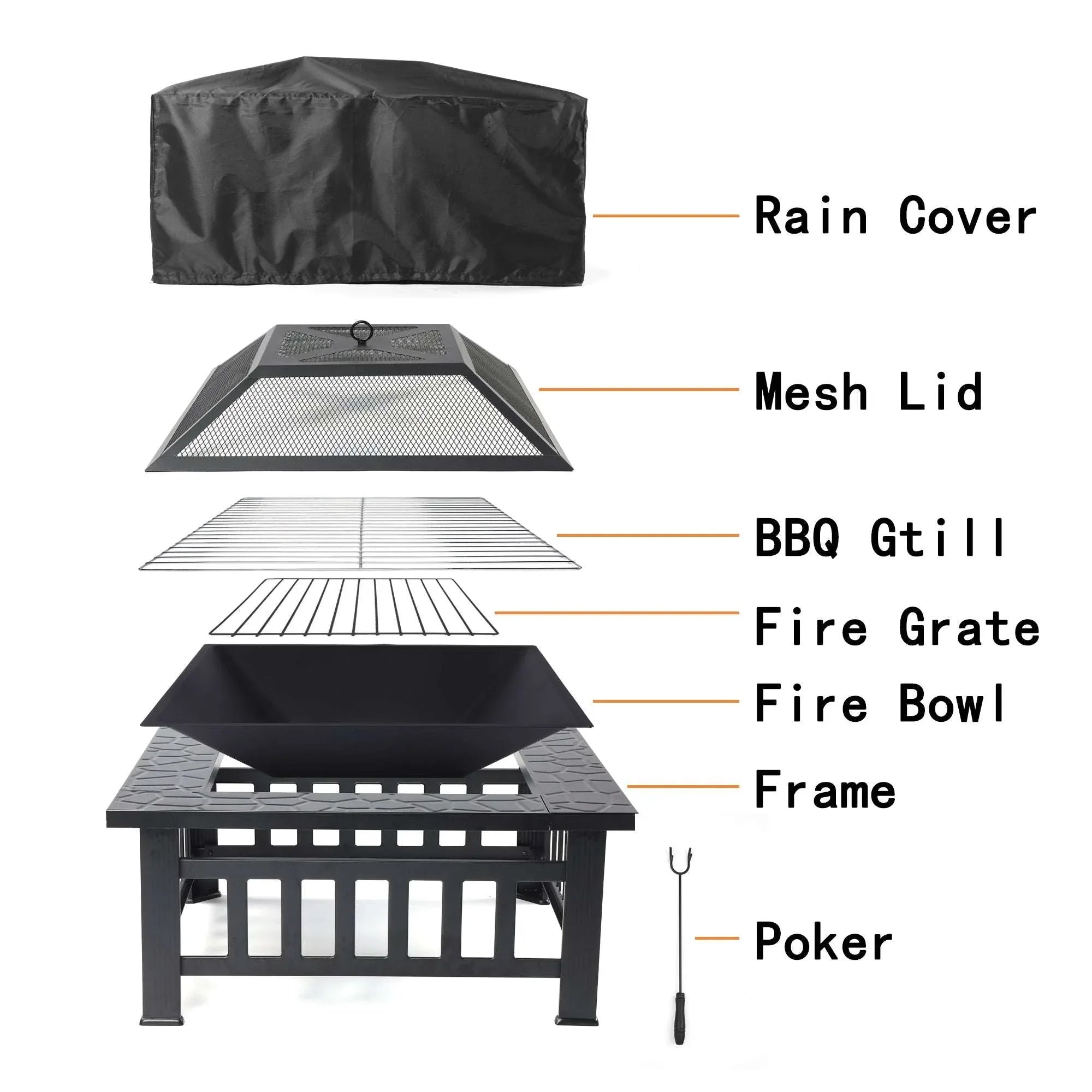 Fire Pits for Outside, 32" Wood Burning Fire Pit Tables with Screen Lid, Poker, BBQ Net, Ice Tray, Food Clip and Cover, Backyard Patio Garden Outdoor Fire Pit/Ice Pit/BBQ Fire Pit, Black - USA MEGA SHOP