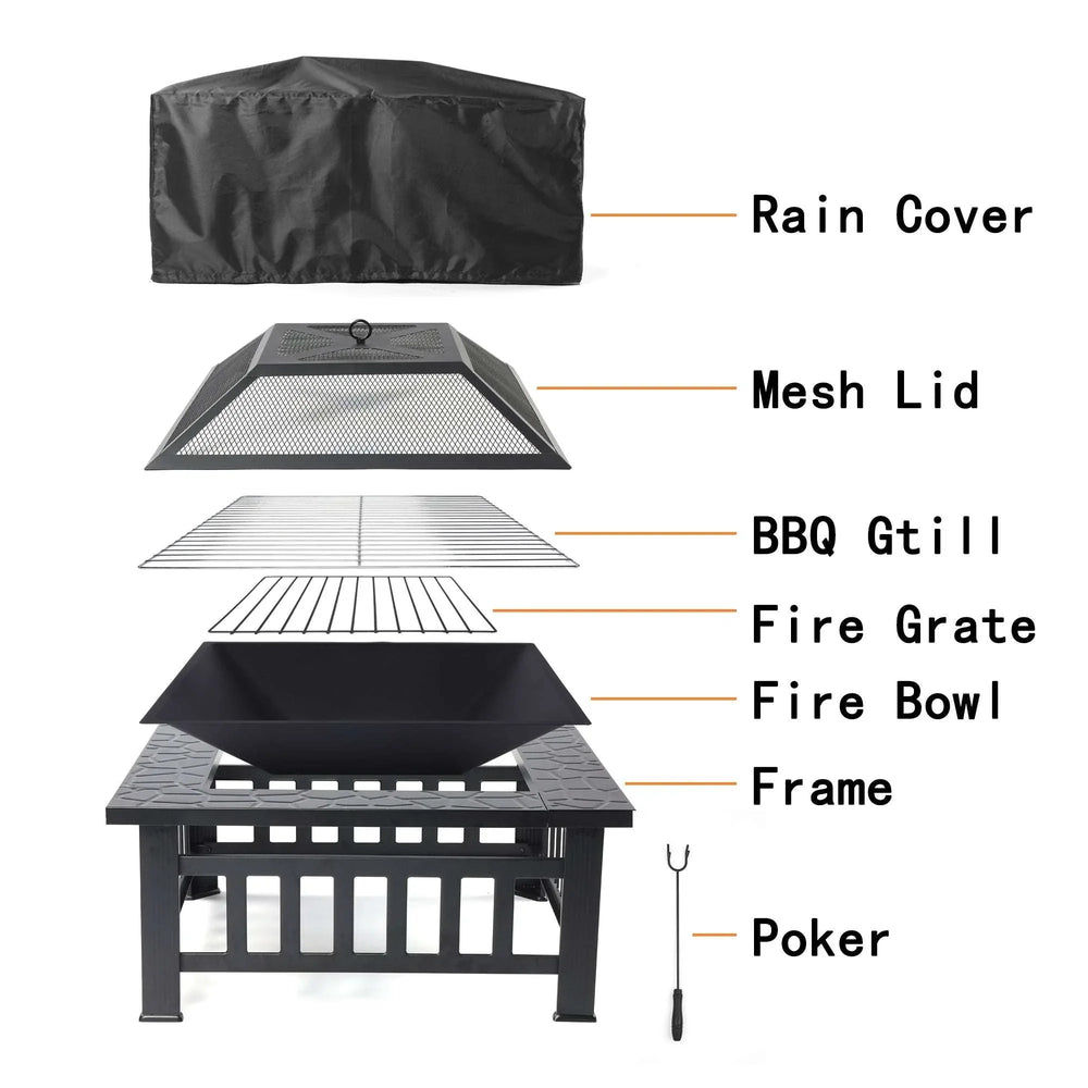 Fire Pits for Outside, 32" Wood Burning Fire Pit Tables with Screen Lid, Poker, BBQ Net, Ice Tray, Food Clip and Cover, Backyard Patio Garden Outdoor Fire Pit/Ice Pit/BBQ Fire Pit, Black - USA MEGA SHOP