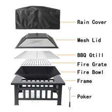 Fire pit table components: rain cover, mesh lid, BBQ grill, fire grate, fire bowl, poker