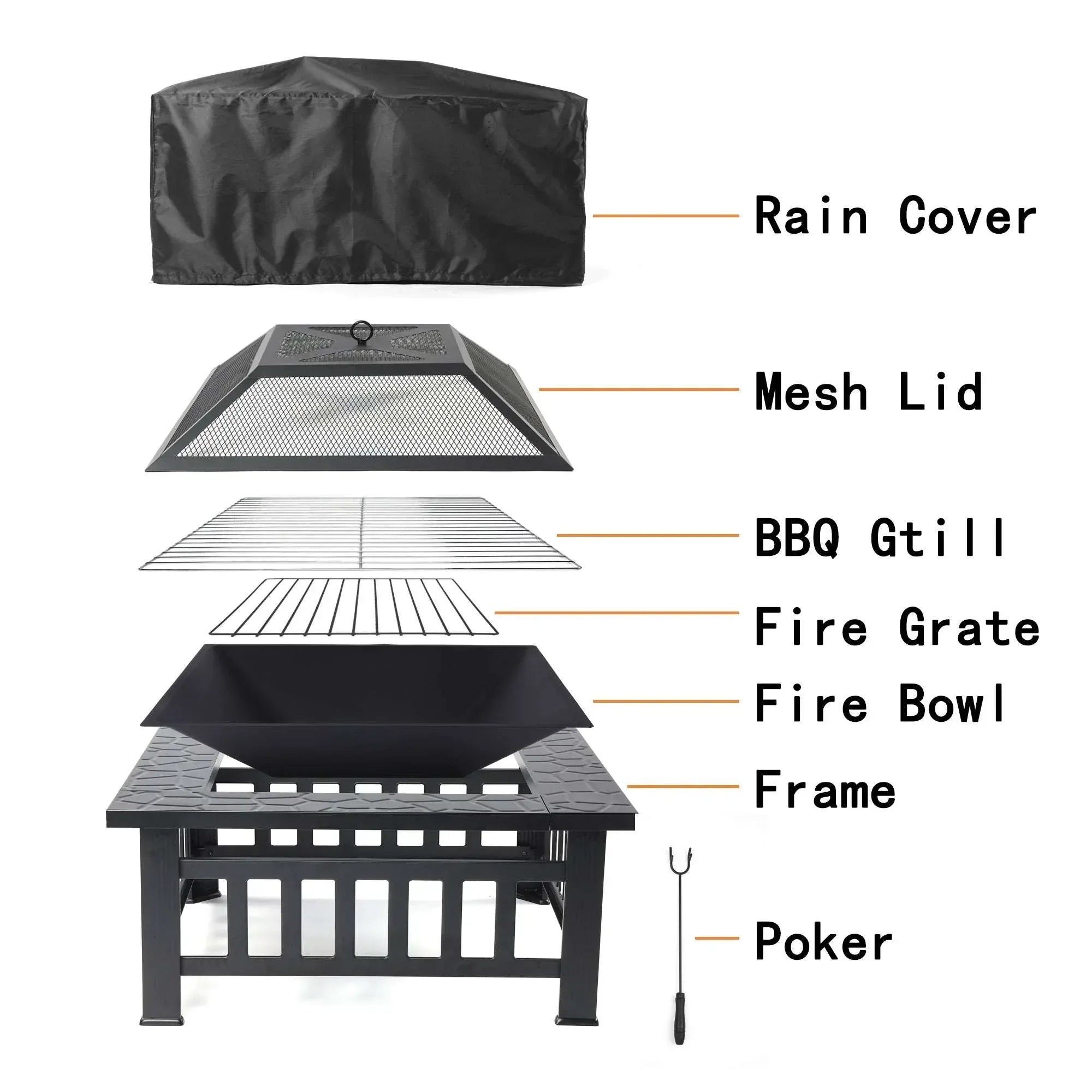 Fire Pits for Outside, 32" Wood Burning Fire Pit Tables with Screen Lid, Poker, BBQ Net, Ice Tray, Food Clip and Cover, Backyard Patio Garden Outdoor Fire Pit/Ice Pit/BBQ Fire Pit, Black