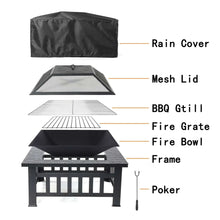 Black fire pit table accessory set: rain cover, mesh lid, grill, grate, bowl, poker