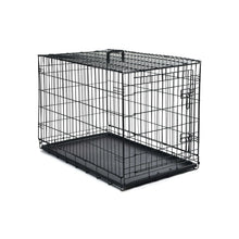 Black metal wire dog crate with single door and black plastic tray, wider angle