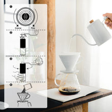 Manual coffee grinder pouring grounds into a paper coffee filter holder