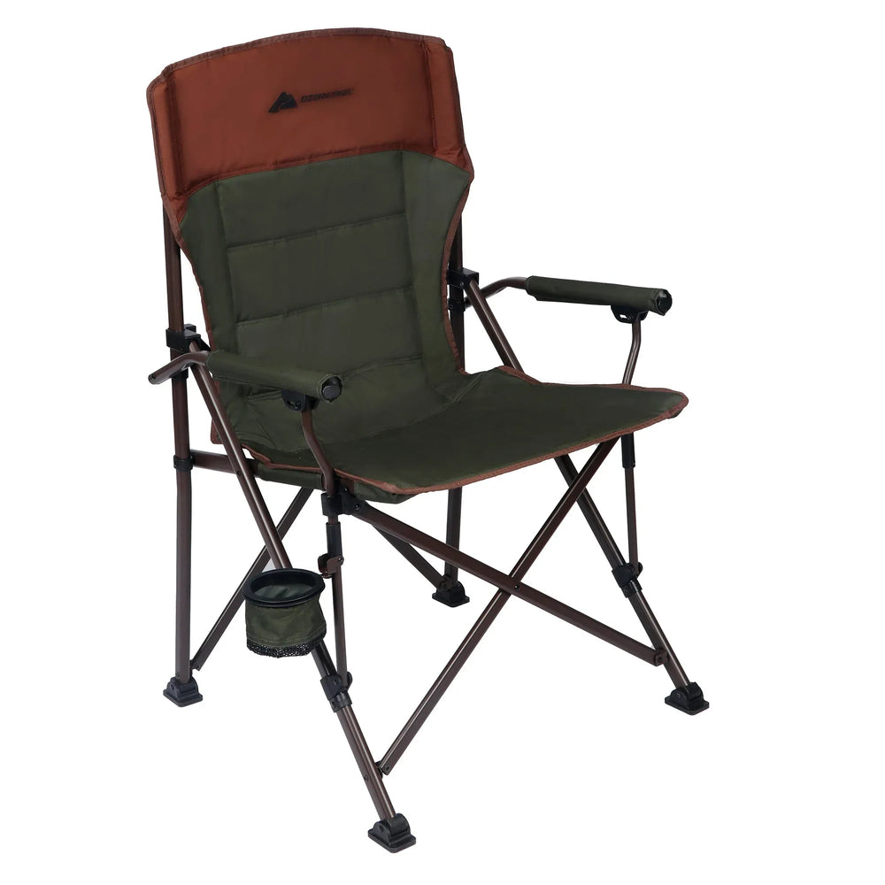 Ozark Trail Heavy Duty Hard Arm Camp Chair with Adjustable Cupholder, Tensioned Seat Farbic, Brown - USA MEGA SHOP