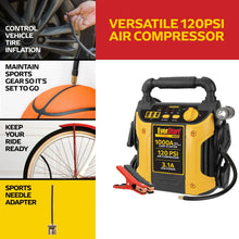 Jump starter with air compressor, tire inflation hose, and red clamp