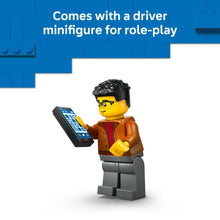 Driver minifigure with tablet accessory beside red and black EV sports car