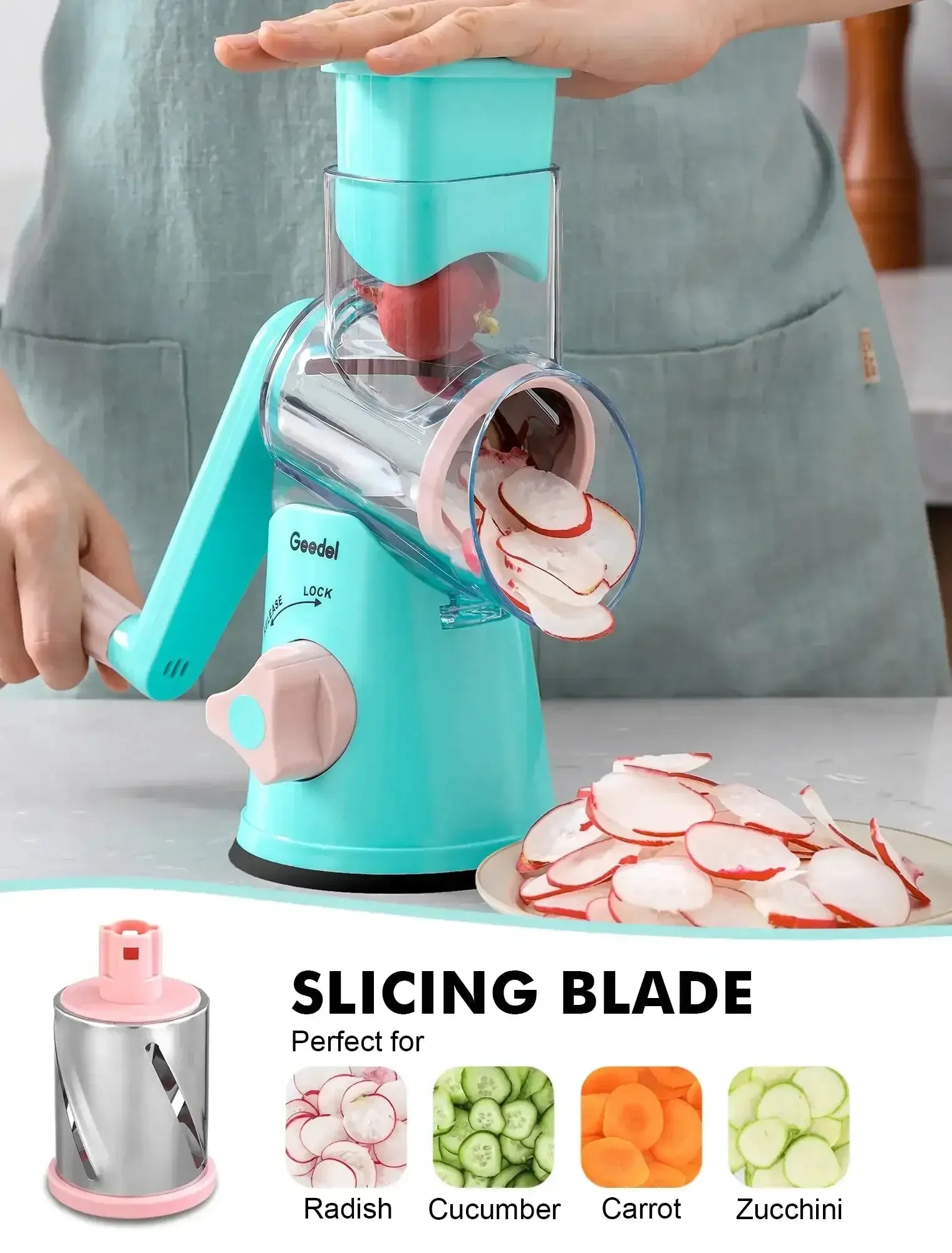 Geedel Rotary Cheese Grater, Kitchen Grater Vegetable Slicer with 3 Interchangeable Blades, Powerful Suction, Dishwasher Safe, Easy to Clean Grater for Vegetable, Fruit, Nuts