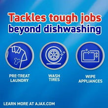 Ajax Ultra Lemon liquid dish soap branding on blue graphic with circular icons.