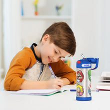 Stainless steel water bottle with straw, Mario character print and blue lid