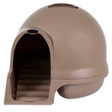 Enclosed cat litter box with dome hood and front steps, close front angle