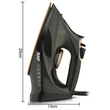 Electric steam iron in side view with brown soleplate, shown with 29cm height and 13cm length