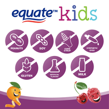Equate Kids multivitamin logo with icons for gluten, milk, corn syrup, soy