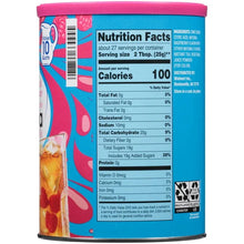 Nutrition Facts panel on raspberry iced tea drink mix canister