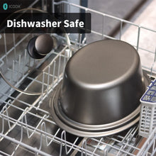 Dishwasher-safe aluminum slow cooker pot insert with lid on wire rack