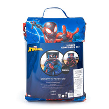 Packaged Spider-Man 2-piece comforter set with blue reversible comforter front and matching pillowcase