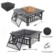 Black fire pit table with protective mesh screen, poker, and fire grate