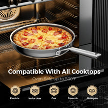 Black nonstick frying pan in oven with pizza, stainless-steel handle