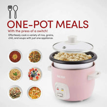 Pink rice cooker with black lid and front cook/warm buttons, one-pot design
