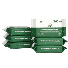 Bamboo flushable wet wipes packs, green and white, 360 count.