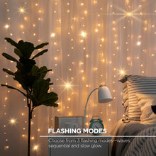 Warm white LED curtain lights creating a glowing backdrop with flashing effect