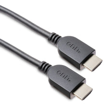 Black HDMI cable with two male plug ends and visible metal contacts