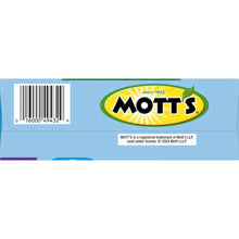 Mott's snack box barcode panel with Mott's logo and product label
