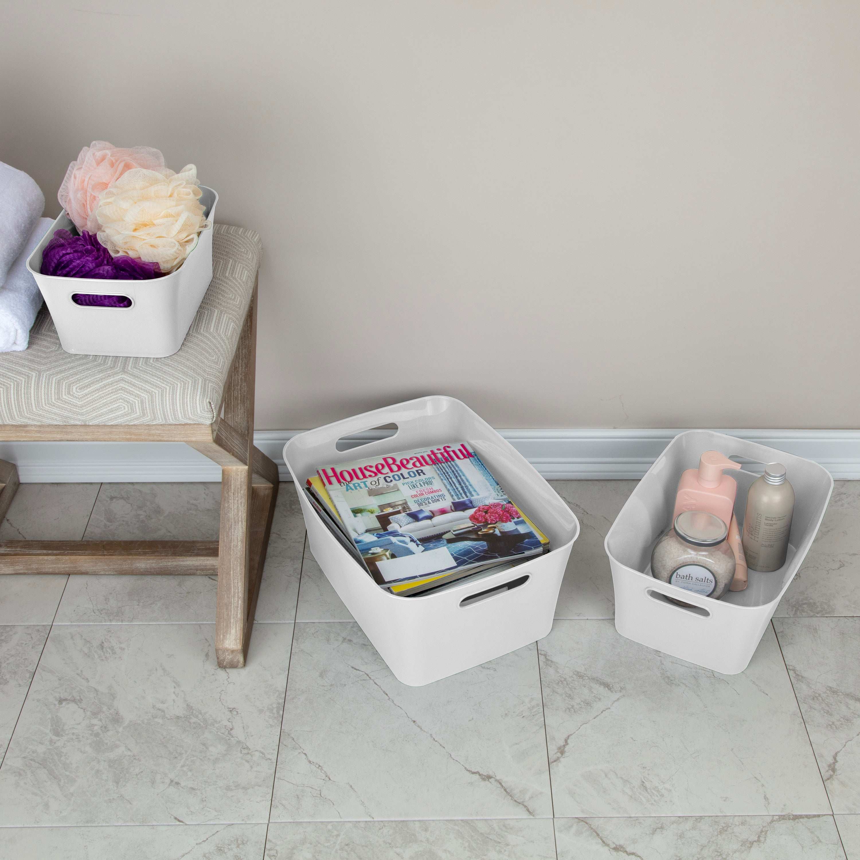 (3 pack) Mainstays Large White Plastic Storage Bin, 15.5 in x 11.4 in x 7 in