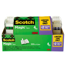 Scotch Magic Tape six-pack in a green and purple cardboard package with clear tape rolls.