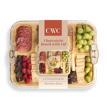 Bamboo charcuterie board with clear locking lid and 6 compartments, filled