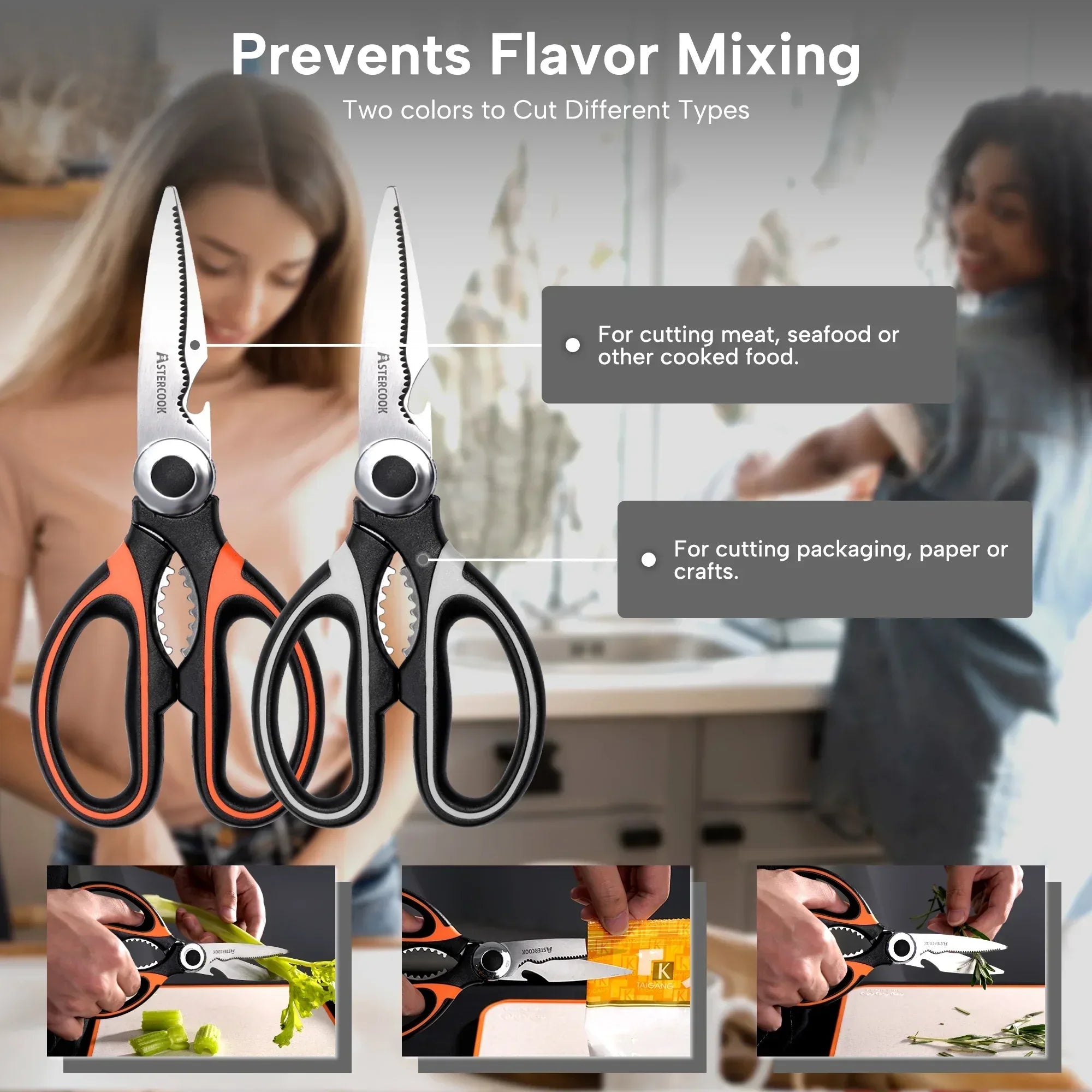 Astercook 2 Pcs Kitchen Scissors, Heavy Duty Shears with Serrated Blade, Ergonomic Handle Food Scissor for Poultry, Herbs, Vegetables Dishwasher Safe - USA MEGA SHOP