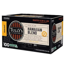 Tully's Hawaiian Blend K-Cup box side view, roasted slow & low, 100 count.