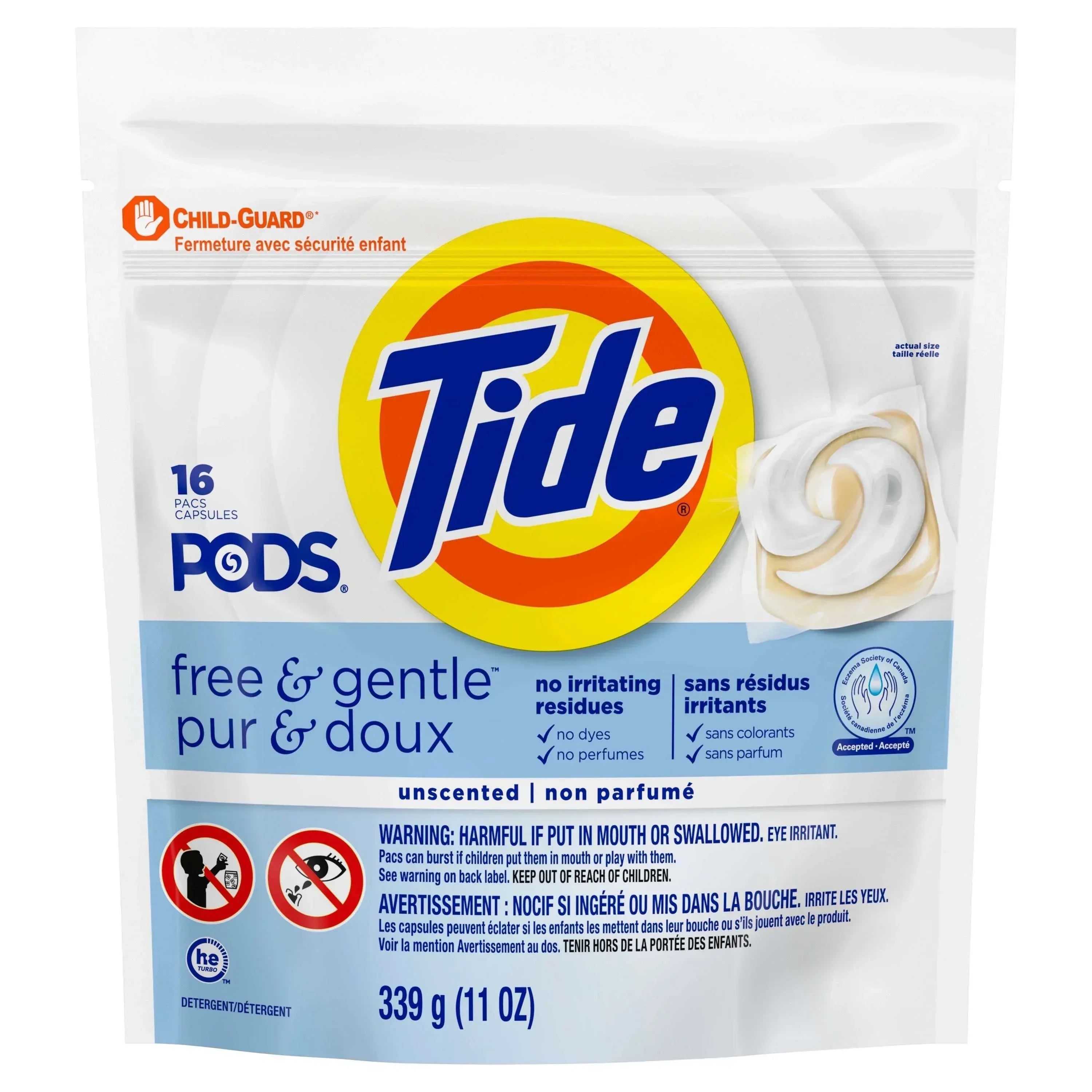 Tide PODS Free and Gentle Liquid Laundry Detergent Pacs, Hypoallergenic, Unscented, 16 Count