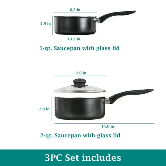 Mainstays 3 Piece Non-Stick Sauce Pans Black, 1Qt & 2Qt with Single Lid