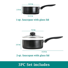 MS 3-piece sauce pan set size diagram: 1-qt and 2-qt saucepans with glass lids