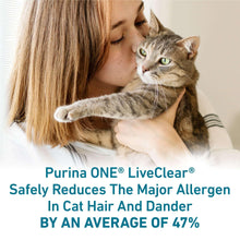 Cat being held, with allergen-reducing dry cat food branding