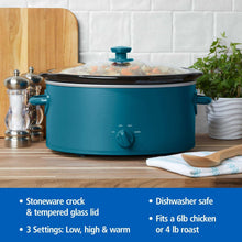 Blue oval slow cooker with glass lid, teal knob, and stoneware crock