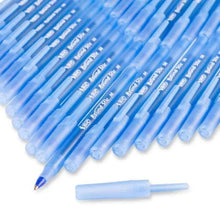 Blue ballpoint pens with translucent barrels and visible writing tips