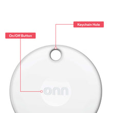 White oval item locator with center logo, keychain hole, and side on/off button